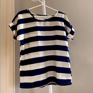 Short Sleeve Round Neck Navy White Stripes T-shirt Tee Shirt Chiffon
